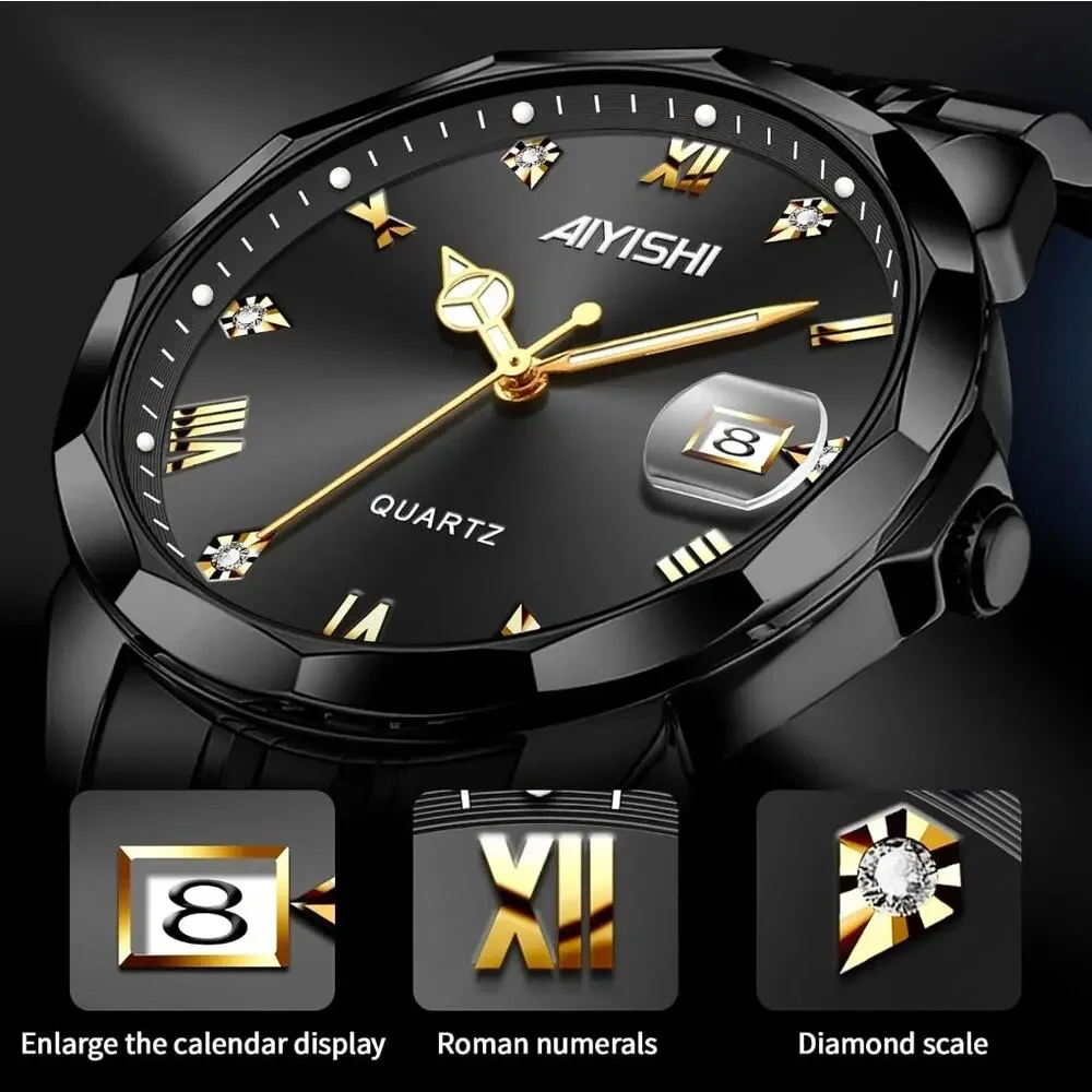 Men's Watch Stainless Steel Analog Quartz, Roman Numerals, Waterproof, Black